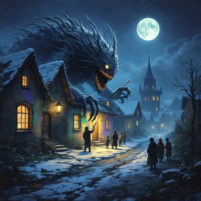 The primary subject of the image is a large, monstrous creature with a long tongue and sharp teeth, standing in the snow and looming over a small village. The creature appears to be a demon or a monster, and it is the main focus of the scene.

The setting is a snowy village with a group of people walking down the street. The background features a night sky with a full moon, adding to the eerie atmosphere of the scene. The visual style of the image is a combination of digital art and illustration, creating a detailed and realistic representation of the monster and the village.

The colors in the image are predominantly dark, with the monster being the most prominent and visible element. The overall mood of the image is one of fear and unease, as the monster's presence threatens the safety of the